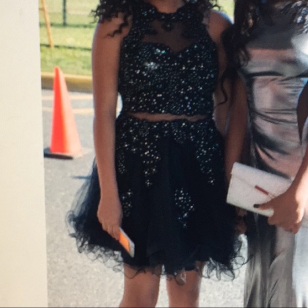 black, short prom dress with rhinestone accents